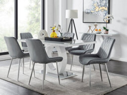 Furniturebox Giovani Rectangular 6 Seat White High Gloss Unique Halo Base Dining Table Grey Glass Top 6 Grey Velvet Silver Leg Pesaro Chairs