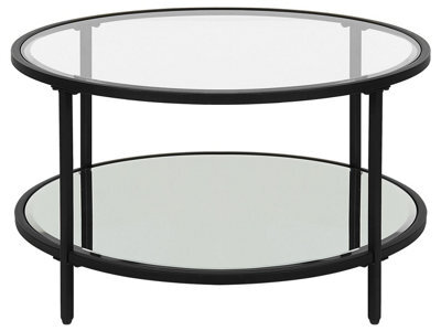 Wyld And Coco Glamora Round Black Tempered Glass Coffee Table With Mirrored Shelf 70Cm Modern Living Room - image 1