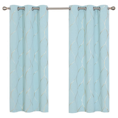 Deconovo Blackout Thermal Insulated Curtains, Gold Wave Foil Printed Room Darkening Curtains, W46 X L72 Inch, Sky Blue, 1 Pair - image 1