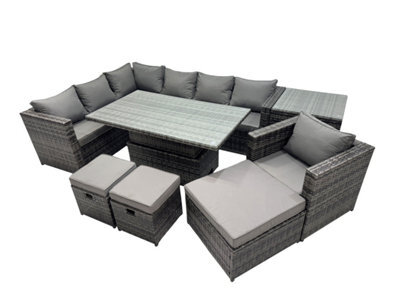 Fimous 10-Seater Height Adjustable Rising Lifting Table Corner Sofa Set Rattan Garden Furniture Dining Set With 3 Stool Side Table - image 1
