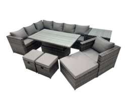 Fimous 10-Seater Height Adjustable Rising Lifting Table Corner Sofa Set Rattan Garden Furniture Dining Set With 3 Stool Side Table - thumbnail 1