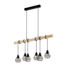 Eglo Townshend 5 Pendant Light, Vintage Black Steel & Wood Design, E27 Fittings, 1000mm Indoor Pendant - thumbnail 2