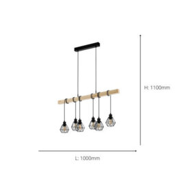 Eglo Townshend 5 Pendant Light, Vintage Black Steel & Wood Design, E27 Fittings, 1000mm Indoor Pendant - thumbnail 4