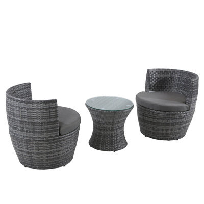 3-Piece Outdoor Rattan Bistro Set, Garden Wicker Structure Furniture Vase Chair Set With Cushion And Glass Top Coffee Table - Gray - image 1