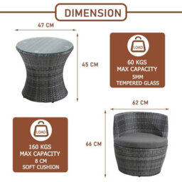 3-Piece Outdoor Rattan Bistro Set, Garden Wicker Structure Furniture Vase Chair Set With Cushion And Glass Top Coffee Table - Gray - thumbnail 7
