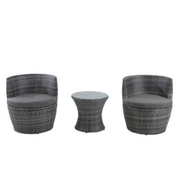 3-Piece Outdoor Rattan Bistro Set, Garden Wicker Structure Furniture Vase Chair Set With Cushion And Glass Top Coffee Table - Gray - thumbnail 2
