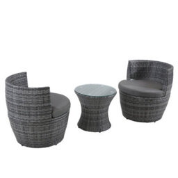 3-Piece Outdoor Rattan Bistro Set, Garden Wicker Structure Furniture Vase Chair Set With Cushion And Glass Top Coffee Table - Gray - thumbnail 1
