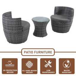 3-Piece Outdoor Rattan Bistro Set, Garden Wicker Structure Furniture Vase Chair Set With Cushion And Glass Top Coffee Table - Gray - thumbnail 4