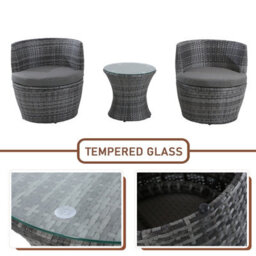 3-Piece Outdoor Rattan Bistro Set, Garden Wicker Structure Furniture Vase Chair Set With Cushion And Glass Top Coffee Table - Gray - thumbnail 3