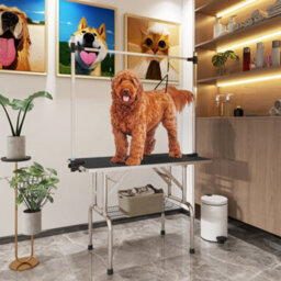 Pawhut Metal Adjustable Dog Grooming Table Rubber Top 2 Safety Slings Mesh - thumbnail 1