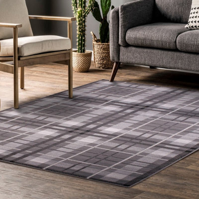 Tartan Grey Chequered Tartan Easy To Clean Rug For Dining Room-60Cm X 110Cm - image 1