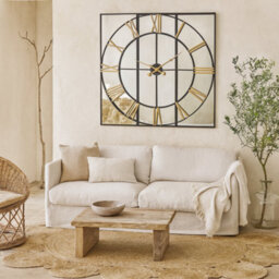 Wyld Haus Square Industrial Mirror Wall Clock With Brushed Gold Roman Numerals, 1130mm