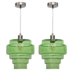 First Choice Lighting Set Of 2 Benson - 5 Tier Green & Satin Nickel Ceiling Pendant Lights - thumbnail 1