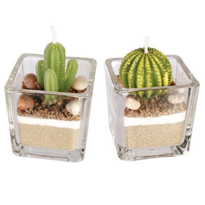 2 Piece Decorative Cactus Plant Candle Tea Light Candles In Glass Home Decor - image 1