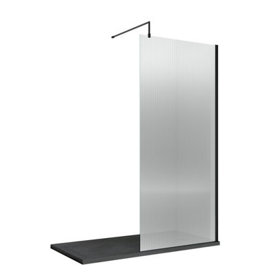 Hudson Reed Fluted Wetroom Screen, Art Deco Design, Matt Black Finish, Additional Privacy, 1950 X 800 X 1000 - image 1