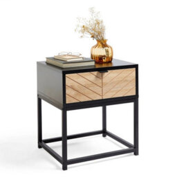 Side End Table 1 Drawer Bedside Nightstand Black & Wood Effect - thumbnail 1