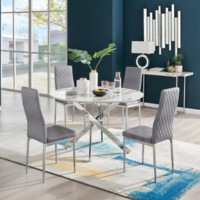 Furniturebox Uk Novara White Marble Round Dining Table & 4 Grey Velvet Milan Chairs - image 1
