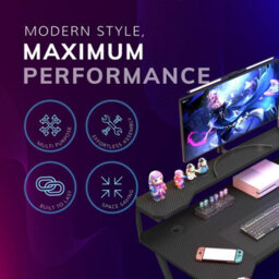 House Of Home Gaming Desk With Monitor Stand Carbon Fibre Top Black 118Cm - thumbnail 7