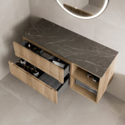 Affine 1200mm Bathroom Vanity Unit Grey Marble Countertop Wall Hung Fluted Oak Unit - thumbnail 3