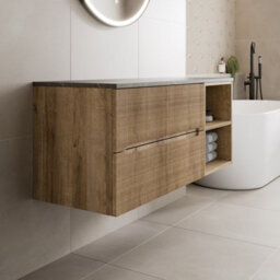 Affine 1200mm Bathroom Vanity Unit Grey Marble Countertop Wall Hung Fluted Oak Unit - thumbnail 2
