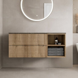 Aveli 1200mm Bathroom Vanity Unit Grey Marble Countertop Wall Hung Fluted Oak Unit