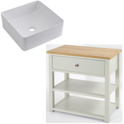 Homestylestore 840mm Antique White And Oak Bathroom Vanity Unit With Square Countertop Basin And Copper Handle - image 1