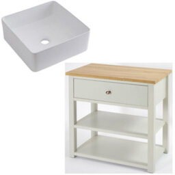 Homestylestore 840mm Antique White And Oak Bathroom Vanity Unit With Square Countertop Basin And Copper Handle - thumbnail 1