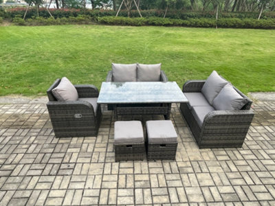 Fimous 7 Seater Lounge Rattan Sofa Set Outdoor Garden Furniture Rectangular Dining Table With Chairs Footstools - image 1