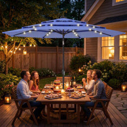 Outsunny 2.8 M Garden Parasol Umbrella With Light, Patio Umbrella, Navy Blue - thumbnail 1