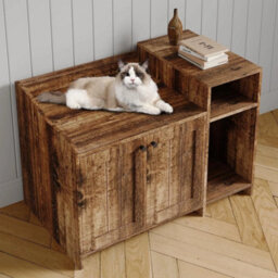 Brown Cat Litter Box Enclosure W/door And Storage Shelf Hidden Cabinet Wood End Table - thumbnail 5