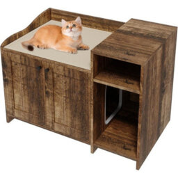 Brown Cat Litter Box Enclosure W/door And Storage Shelf Hidden Cabinet Wood End Table - thumbnail 1
