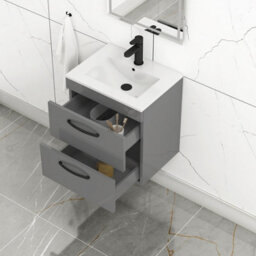 Royal Bathrooms Turin Indigo Grey Gloss 500mm Wall Hung Vanity Unit 2 Drawer With Minimalist Basin Sink & Matt Black Handles - thumbnail 5