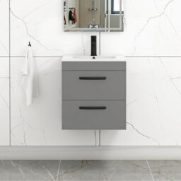 Royal Bathrooms Turin Indigo Grey Gloss 500mm Wall Hung Vanity Unit 2 Drawer With Minimalist Basin Sink & Matt Black Handles