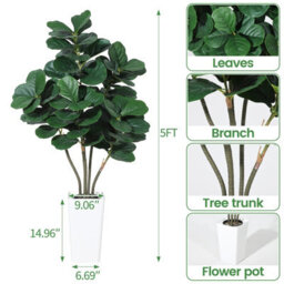 Artificial Fiddle Leaf Fig Tree With White Planter, Lifelike Faux Floor Plant With Silk Leaves, 150Cm Tall - thumbnail 6