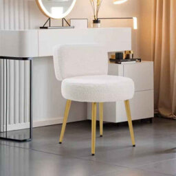 Cream Faux Fur Vanity Stool Chair With Metal Legs For Apartments Guest Rooms Home Chair - thumbnail 3