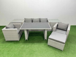 Fimous Patio Garden Furniture Sets With Black Glass Top Dining Table Armchair 3 Seater Sofa 2 Side Tables Big Stool Light Grey - thumbnail 1