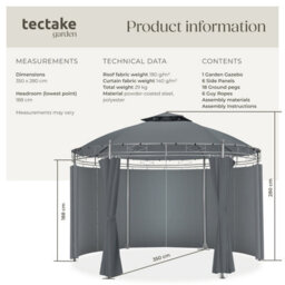 Tectake Gazebo Siana - 3.5 M Diameter, Water-Repellent, 6 Side Panels, Double Roof System   350 X 280 Cm - Anthracite - thumbnail 6