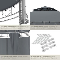 Tectake Gazebo Siana - 3.5 M Diameter, Water-Repellent, 6 Side Panels, Double Roof System   350 X 280 Cm - Anthracite - thumbnail 5