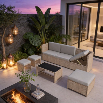 Fenchilin Garden Sofa Set Rattan Patio Furniture Sofa With Table, Stools Lounge Set Khaki - image 1