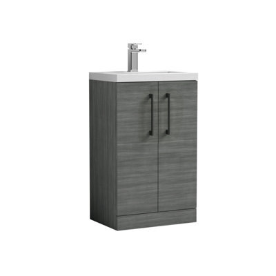Balterley Bramshall Compact Bathroom Cloakroom Vanity Basin Unit With Polymarble Basin, Black Handles, 500mm, Woodgrain Grey - image 1