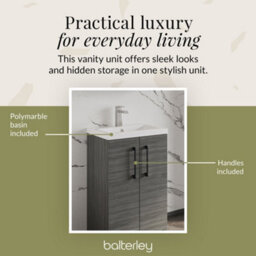 Balterley Bramshall Compact Bathroom Cloakroom Vanity Basin Unit With Polymarble Basin, Black Handles, 500mm, Woodgrain Grey - thumbnail 7
