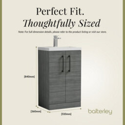 Balterley Bramshall Compact Bathroom Cloakroom Vanity Basin Unit With Polymarble Basin, Black Handles, 500mm, Woodgrain Grey - thumbnail 5