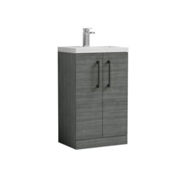 Balterley Bramshall Compact Bathroom Cloakroom Vanity Basin Unit With Polymarble Basin, Black Handles, 500mm, Woodgrain Grey - thumbnail 1