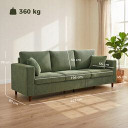 Homcom 3 Seater Sofa With Wide Seat, Corduroy Upholstered, Green - thumbnail 3