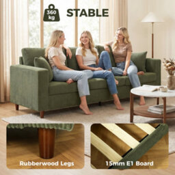 Homcom 3 Seater Sofa With Wide Seat, Corduroy Upholstered, Green - thumbnail 7