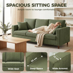 Homcom 3 Seater Sofa With Wide Seat, Corduroy Upholstered, Green - thumbnail 4