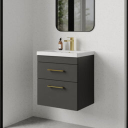 Balterley Millwich 2 Drawer Wall Hung Vanity Basin Unit - 500mm - Gloss Grey With Brushed Brass D-Shaped Handles (Tap Not Included) - thumbnail 6