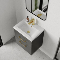 Balterley Millwich 2 Drawer Wall Hung Vanity Basin Unit - 500mm - Gloss Grey With Brushed Brass D-Shaped Handles (Tap Not Included) - thumbnail 5