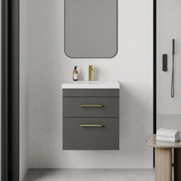 Balterley Millwich 2 Drawer Wall Hung Vanity Basin Unit - 500mm - Gloss Grey With Brushed Brass D-Shaped Handles (Tap Not Included) - thumbnail 2