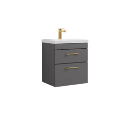 Balterley Millwich 2 Drawer Wall Hung Vanity Basin Unit - 500mm - Gloss Grey With Brushed Brass D-Shaped Handles (Tap Not Included) - thumbnail 1